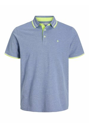 Blue polo shirt with a textured weave, contrasting neon green collar and cuffs, and a small logo on the chest. Two-button placket.