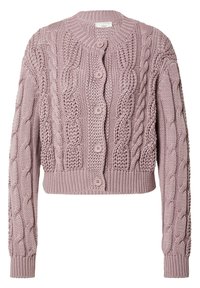 Kortstickad kofta i mjukt mauve, med kabelstickning, rund halsringning och fem matchande knappar fram.