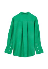 Green long-sleeve shirt with thin white vertical stripes, buttoned cuffs, and pleated back detail on a white background.