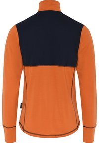 Langærmet skjorte i orange med navy bagpanel. Har en høj krave og kontrasterende syninger. Blød tekstur med et afslappet fit.