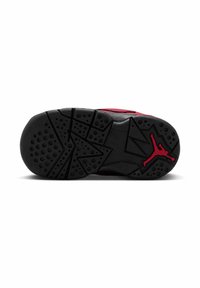 Musta kuminen sneakerin pohja, jossa on teksturoitu pitoaskelkuvio ja pyöreitä painanteita. Sisältää punaisen Jumpman-logon kantapään alueella.