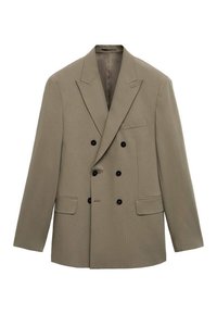 Blazer beige doppiopetto con bottoni neri, rever a punta e tre tasche frontali, esposto su uno sfondo bianco.