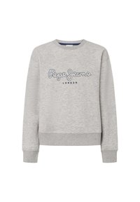 Sudadera gris con cuello redondo, puños y dobladillo acanalados, que presenta un logo bordado en azul de "Pepe Jeans LONDON" en la parte frontal.