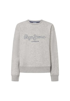 Grå sweatshirt med rund halsringning, ribbade mudd och nederkant, med en blå broderad "Pepe Jeans LONDON"-logotyp på framsidan.