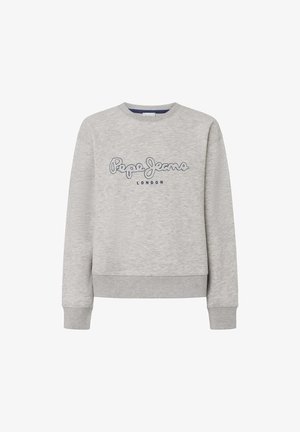 Sivý sveter s okrúhlym výstrihom, s rebrovanými manžetami a spodným lemom, s modrou vyšívanou logom "Pepe Jeans LONDON" na prednej strane.