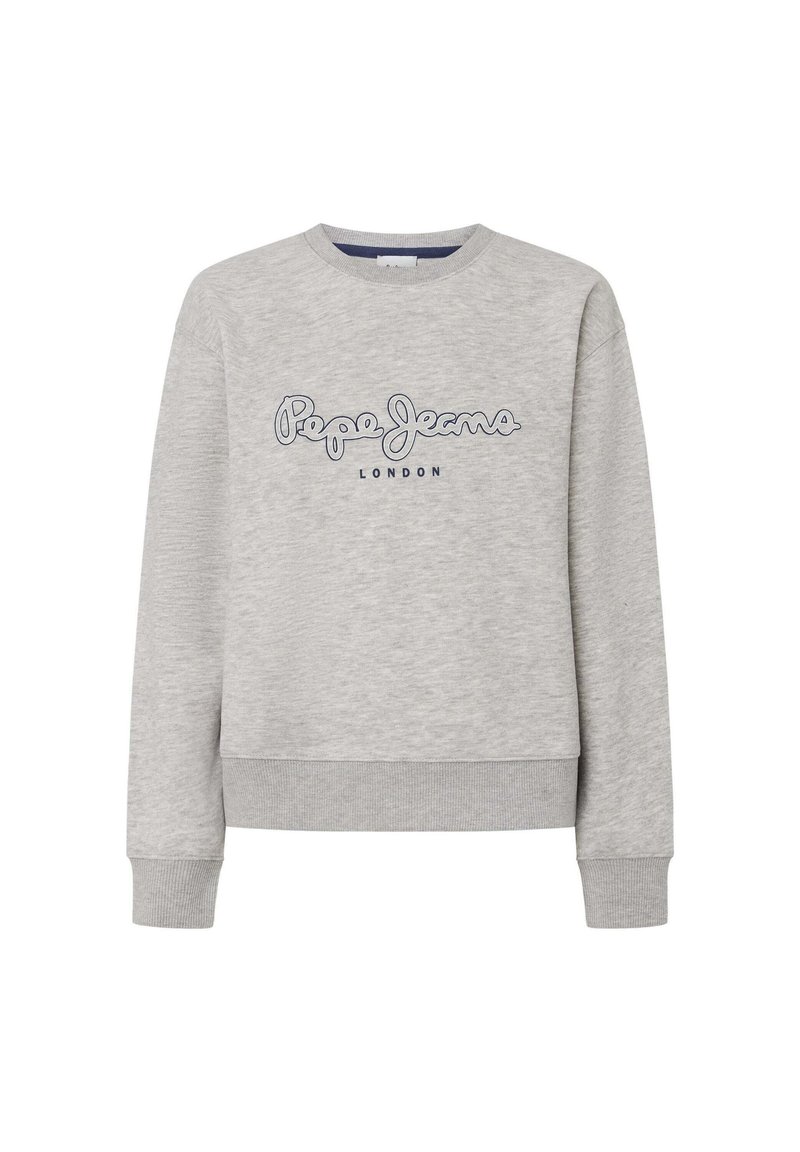 Grauer Sweatshirt mit Rundhalsausschnitt, gerippten Bündchen und Saum, mit blauem gesticktem "Pepe Jeans LONDON"-Logo auf der Vorderseite.