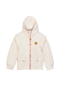 Felpa bianca con chiusura zip, dettagli della zip rosa, due tasche frontali con bottoni dorati e un'etichetta con il logo sul lato sinistro. Tessuto morbido.