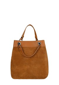 Bruine suède totebag met een glad leren bovenstuk. Beschikt over twee stevige handvatten, accenten van zilver hardware en een gestructureerde vorm.