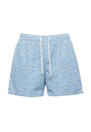 Costume da bagno corto azzurro chiaro con vita elastica e coulisse bianca, decorato con piccole illustrazioni di cocktail e bottiglie.