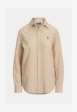 Proužkovaná košile na knoflíky s khaki a bílým vzorem, dlouhými rukávy, špičatým límečkem a malým logem na levé straně hrudi. Bavlněná látka.