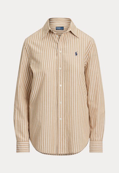 Ριγέ πουκαμίσα με μοτίβο σε χακί και λευκό, μακριά μανίκια, μυτερό γιακά και μικρό λογότυπο στο αριστερό στήθος. Βαμβακερό ύφασμα.