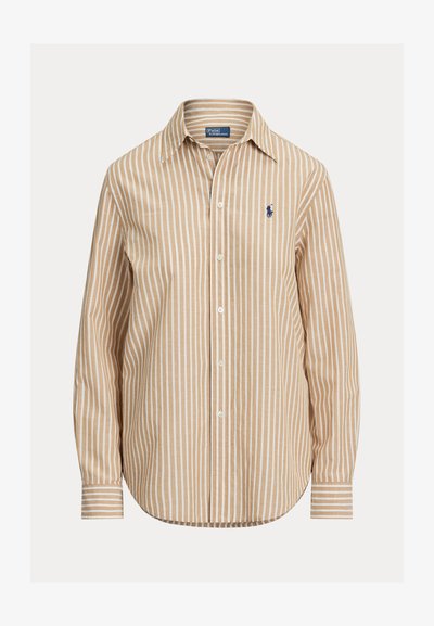 Ριγέ πουκαμίσα με μοτίβο σε χακί και λευκό, μακριά μανίκια, μυτερό γιακά και μικρό λογότυπο στο αριστερό στήθος. Βαμβακερό ύφασμα.