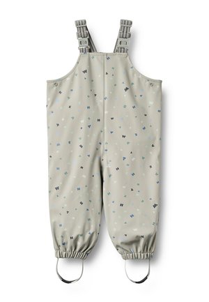 Šedé dětské nepromokavé kalhoty s nastavitelnými pásky, elastickými manžetami, popruhy na nohy a potiskem s pestrobarevnými rozptýlenými písmeny.