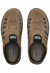 Hnědé semišové boty s černými akcenty, s kulatou špičkou, elastickými pásky a měkkou stélkou, značky "Dockers by Gerli."
