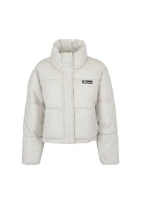 Giacca puffer corta di colore grigio chiaro con colletto alto, texture trapuntata, zip frontale e logo nero sul lato sinistro del petto.