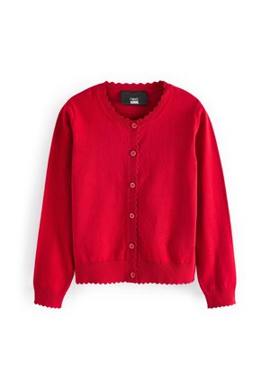 Roter Wollcardigan mit rundem Ausschnitt, gewellten Kanten und sechs Knöpfen auf der Vorderseite. Lange Ärmel mit gerippten Bündchen.