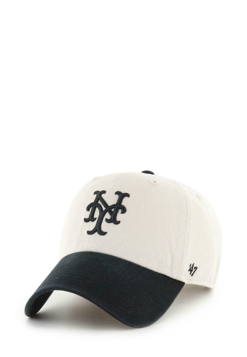 Beige and black baseball cap with a black embroidered overlapping N and Y logo on front and a small '47' logo on the side.