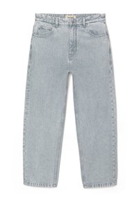 Light blue high-waist denim jeans with a straight leg cut, front pockets, belt loops, and a button closure.