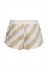 Pantaloni corti a righe beige e bianchi realizzati in tessuto morbido. Presentano un cinturino elasticizzato e un discreto logo laterale.