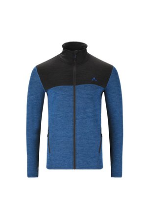 Blauwe en zwarte ritsjack met een hoge kraag, voorzien van lange mouwen en twee zijzakken, gemaakt van textiel met een gemengde stof.