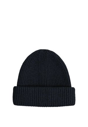 Black ribbed knit beanie with folded cuff, designed for warmth and casual wear.