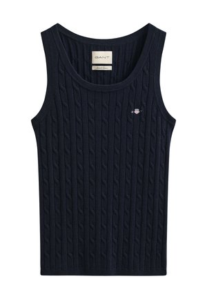 Mørkeblå kabelstrikket ærmeløs tanktop med rund halsudskæring og lille broderet logo på venstre bryst.