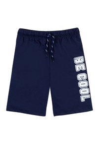 Pantaloni corti in cotone blu navy con elastico in vita e cordino. Presentano la scritta bianca "BE COOL" stampata verticalmente sul lato sinistro.