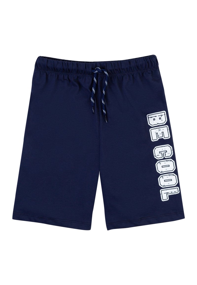 Pantaloni corti in cotone blu navy con elastico in vita e cordino. Presentano la scritta bianca "BE COOL" stampata verticalmente sul lato sinistro.