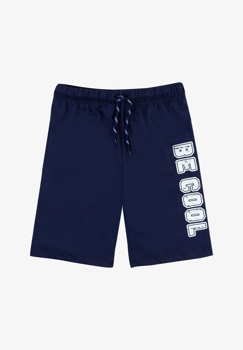 Pantaloni corti in cotone blu navy con elastico in vita e cordino. Presentano la scritta bianca "BE COOL" stampata verticalmente sul lato sinistro.