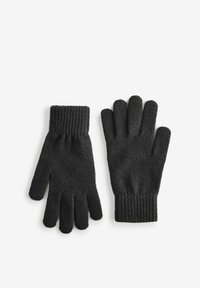 Schwarze gestrickte Handschuhe mit gerippten Bündchen, die eine weiche Textur und ein Fünf-Finger-Design für Geschicklichkeit bieten. Geeignet für den Einsatz bei kaltem Wetter.