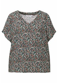 Blusa negra con estampado floral que presenta un escote en V, mangas cortas y un patrón de pequeñas flores blancas y rojas sobre un fondo oscuro. Tejido suave y ligero.