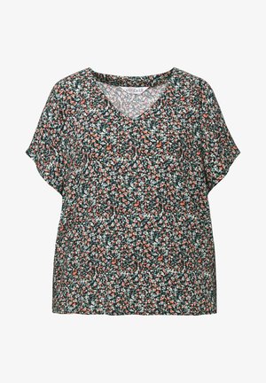 Blusa floreale nera con scollatura a V, maniche corte e un motivo di piccoli fiori bianchi e rossi su uno sfondo scuro. Tessuto morbido e leggero.