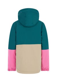 Barevně blokovaná bunda s tyrkysovým vrškem, béžovým středem a růžovými rukávy. Obsahuje kapuci a elastické manžety. Hladká, voděodolná tkanina.