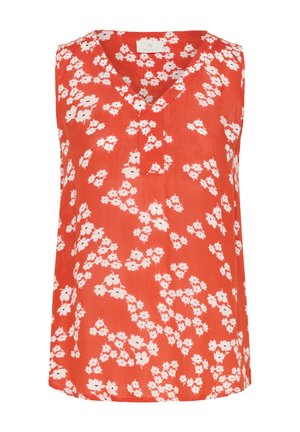 Blusa rossa senza maniche con scollatura a V, caratterizzata da un motivo floreale bianco, tessuto leggero e vestibilità rilassata. I dettagli includono una patta centrale.