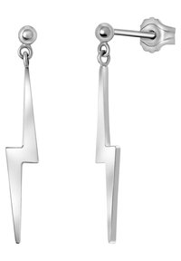 Silberne Blitzeisen mit polierter Oberfläche. Sie verfügen über einen Stecker und ein hängendes Design, das scharfe Winkel zur Geltung bringt.