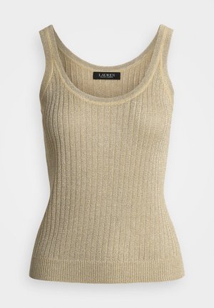 Ribbete tank top i metallisk gull med bred utringning og ermeløs design. Myk tekstur og tettsittende fasong som fremhever en glatt overflate.
