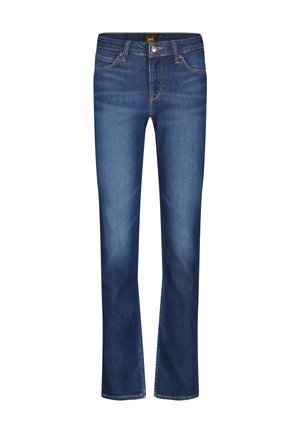 Ciemnoniebieskie jeansy z denimu z przednimi kieszeniami, szlufkami na pasek, zapięciem na guzik oraz lekkim przetarciem na udach i kolanach, o prostym kroju nogawek.