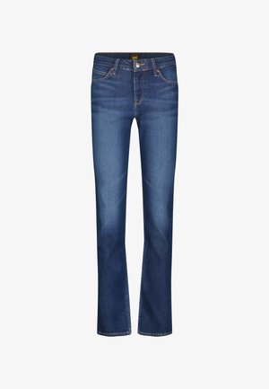 Tmavomodré džínsy z denimu s prednými vreckami, pútkami na opasok, zapínaním na gombík a jemným blednutím na stehnách a kolenách, rovný strih nohavíc.