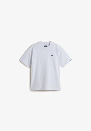 Lichtgrijs T-shirt met korte mouwen, gemaakt van katoen, met een klein zwart logo op de borst en een ronde halslijn. Eenvoudig ontwerp, geen patronen.