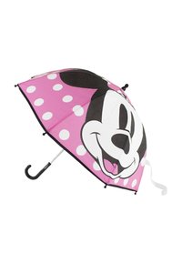 Roze paraplu met een groot zwart-wit karaktergezicht, met witte stippen. Metalen frame met een gebogen zwarte handgreep.