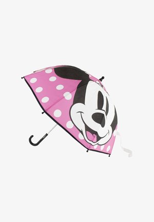 Roze paraplu met een groot zwart-wit karaktergezicht, met witte stippen. Metalen frame met een gebogen zwarte handgreep.