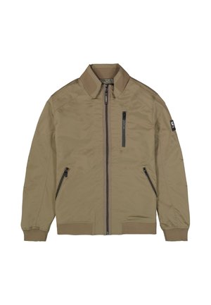 Veste bomber kaki en tissu léger avec une fermeture éclair à l'avant, un col côtelé et deux poches latérales. Comprend un logo sur la manche.