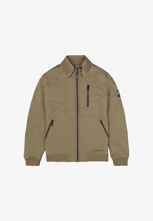Khaki bomberjack van lichtgewicht stof met een ritssluiting aan de voorkant, geribde kraag en twee zijzakken. Voorzien van een logo op de mouw.