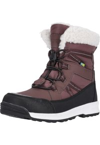 Braune isolierte Winterstiefel mit einem weißen Kunstfellkragen, schwarzer Gummisohle und elastischem Schnürsystem zur Anpassung. Robuste synthetische Außenseite.