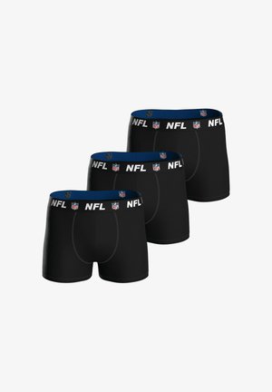 Schwarze Herren-Boxershorts mit blauem elastischen Bund, auf dem das "NFL"-Logo prangt. Dreiteiliges Set aus glattem Material ohne sichtbare Muster.