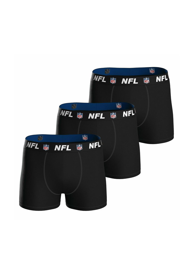 Schwarze Herren-Boxershorts mit blauem elastischen Bund, auf dem das "NFL"-Logo prangt. Dreiteiliges Set aus glattem Material ohne sichtbare Muster.