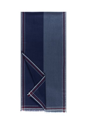 Rechteckiger Schal mit vertikalen Streifen in Dunkelblau und Grau, umrandet von dünnen roten und weißen Linien, mit Fransen an den Rändern, teilweise gefaltet.