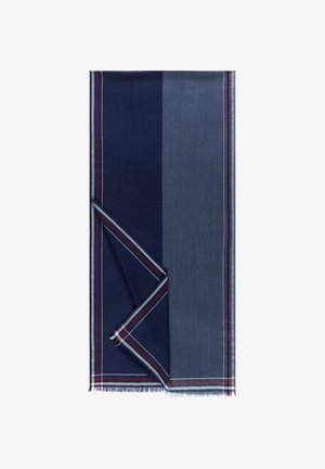 Rechteckiger Schal mit vertikalen Streifen in Dunkelblau und Grau, umrandet von dünnen roten und weißen Linien, mit Fransen an den Rändern, teilweise gefaltet.