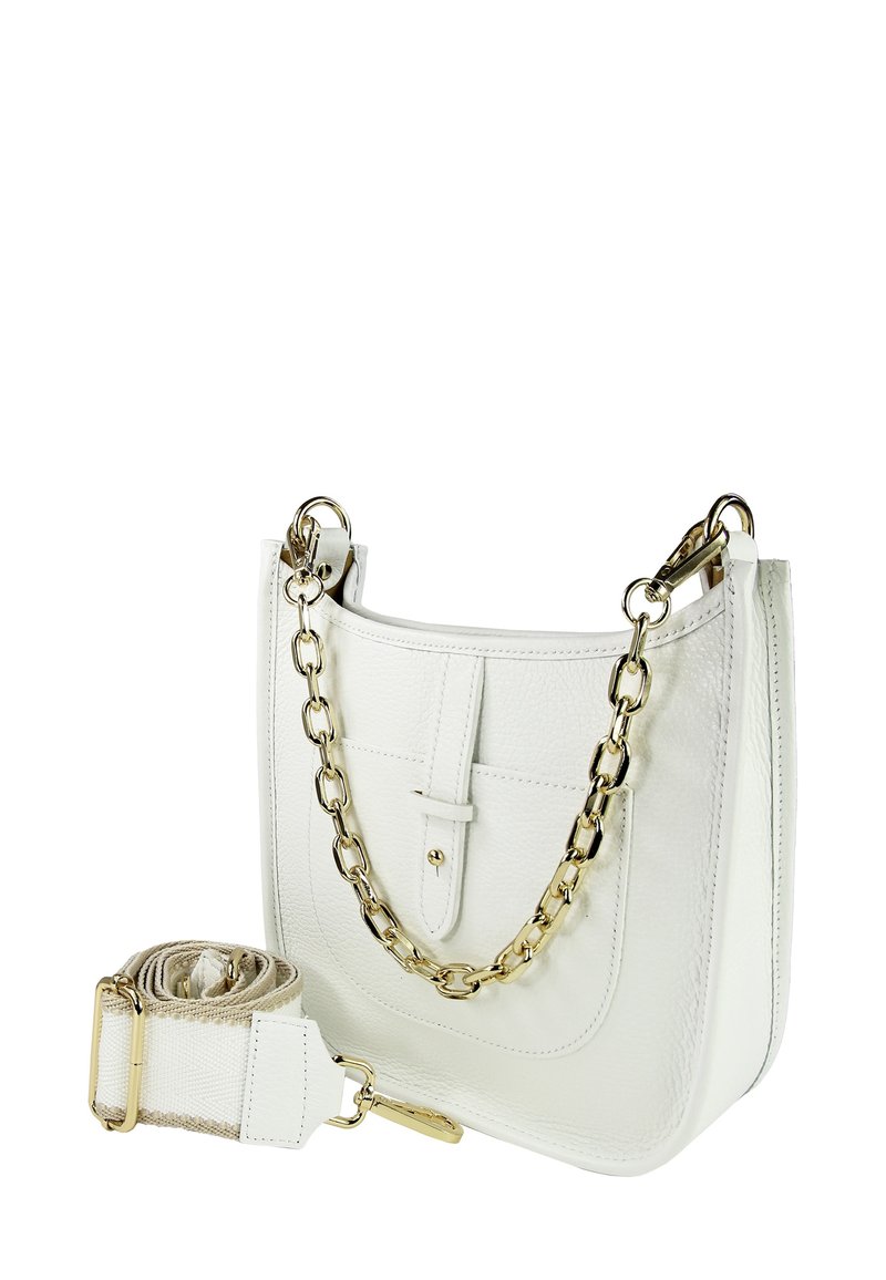 Weiße Lederhandtasche mit strukturierter Oberfläche, Kettenriemen und kontrastierendem beigem Schulterriemen, mit einer Fronttasche und Knopfverschluss.