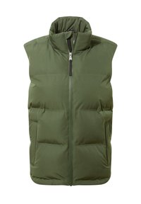 Green puffer vest with a high collar, featuring a front zipper and two side pockets. Made from quilted material with a smooth texture.